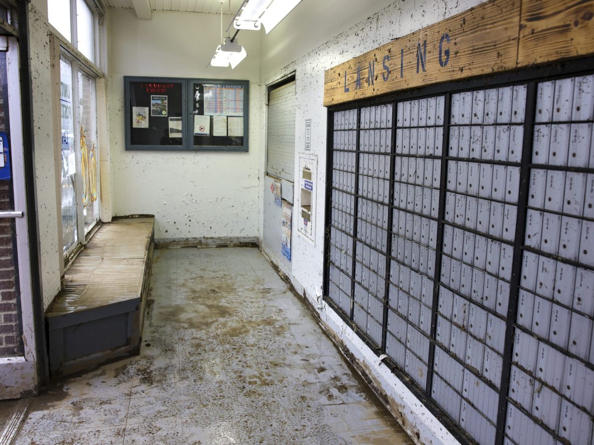 a muddy post office lobby