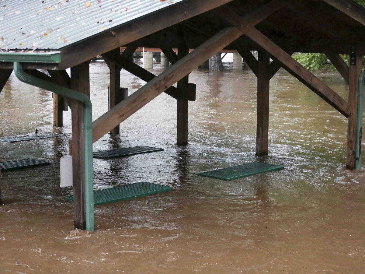 A picnic shelter with water rising up to the tables